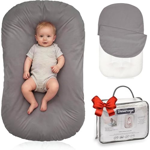 Infant Support Cushion - Baby Support Cushion for Newborn, 0-24 Months, Portable Tummy Time Mat for Home and Travel, Soft Cotton, Supervised Use, Baby Essentials Gift, Grey(1 Cushion + 1 Cover)