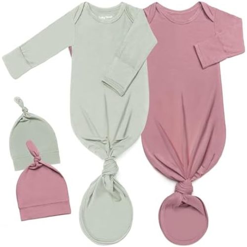 2Pack Knotted Gown Baby, Super Soft Long Sleeve Newborn Hospital Outfit Boy Girl Coming Home, Built-In Mittens Clothes