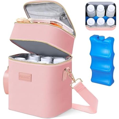 Breastmilk Cooler Bag with Ice Pack Fits 6 Baby Bottles Up to 9 Ounce, Insulated Baby Bottle Tote Bags, Double Layer Waterproof Leak-Proof with Shoulder Strap for Nursing & Working Mom (Pink)