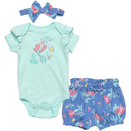 Disney The Little Mermaid Ariel Infant Baby Girls Bodysuit Shorts and Headband 3 Piece Outfit Set Newborn to Infant