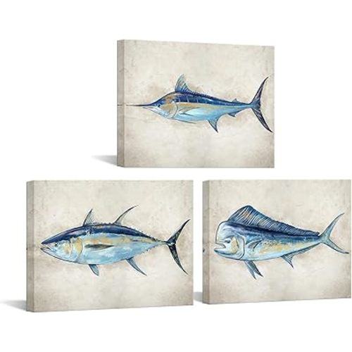 KREATIVE ARTS Canvas Set of 3 Marlin Blue, Mahi, Yellowfin Tuna | Realism Marine Life Animals Nautical Canvas Painting Prints | Sealife Art Decor for Living Room, Bedroom, Office Each 12x16''