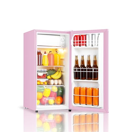 Seaoola Mini Fridge with Freezer, Single Door 3.1 Cu.Ft, Compact Mini Refrigerator, LED Light, Adjustable Thermostat, Removable Glass Shelves, Small Refrigerator for Dorm/Office/Bedroom(Pink)