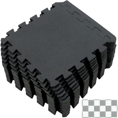 Yostrong® 18 Tiles Interlocking Puzzle Foam Play Mat with Straight Edges for Playing - EVA Crawling Mat | Rubber Floor Work Out Mats for Home Gym. Black. YOC-Db18S18