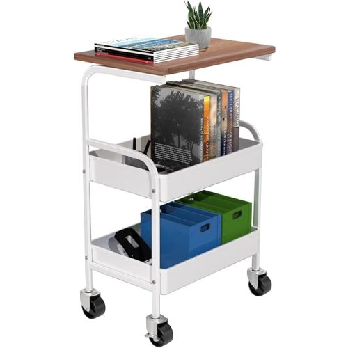 Rolling Cart with Wooden Tabletop, 3 Tier Metal Utility Cart, Rolling Storage Organizer Cart with Lockable Wheels for Kitchen, Office, Bedroom (White)