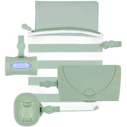 Ubbi On-the-Go Diapering Gift Set, Includes Changing Mat and Bag, Wipes Dispenser, Pacifier Holder and Bag Dispenser, Newborn Essentials, Sage