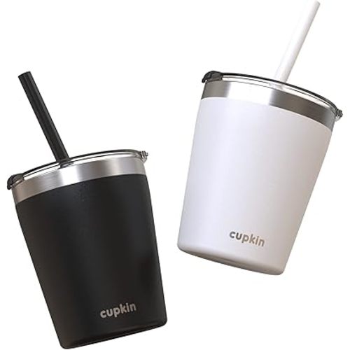CUPKIN Trainer Sippy Cup, The Original 8 oz Stackable Stainless Steel Modern Tumblers, Set of 2 Powder Coated Insulated Cups for Kids + BPA Free Lids + Reusable Silicone Straws (8oz Black + White)