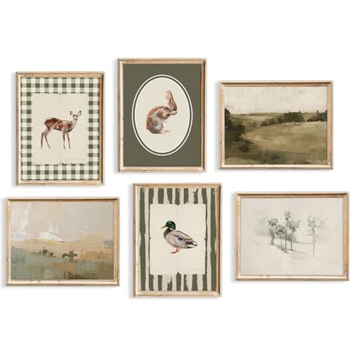 Vintage Nursery Wall Art Baby Boy Room Canvas Wall Decor Hunting Animal Prints Kids Poster Deer Duck Pictures Nursery Neutral Artwork Rabbit Painting for Children Bedroom 8x10 Inch Unframed Set of 6