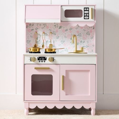 Best Choice Products Wooden Cottage Kids Pretend Play Kitchen with 5 Accessories and Toy Storage - Pink