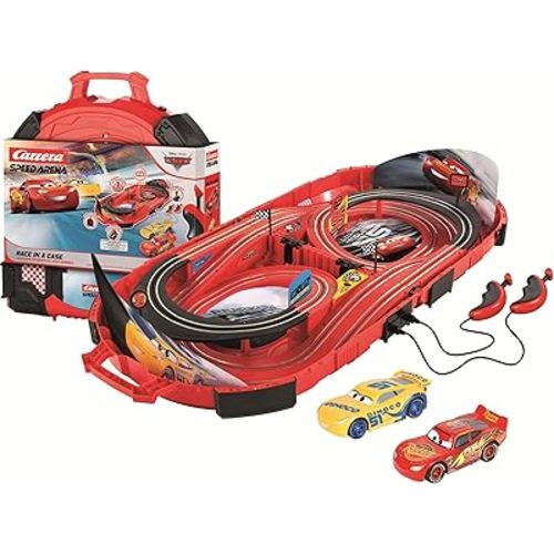 Carrera Speed Arena Disney Pixar Cars - Portable Slot Car Race Track Includes 2 Cars Lightning McQueen and Dinoco Cruz - Battery-Powered Beginner Toy Racing Set for Kids Ages 3 Years and Up