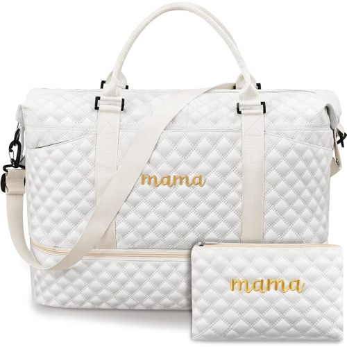 Dansydaisy Mama Hospital Bag for Women Labor Delivery Travel Duffle Bag with Shoe Compartment and Toiletry Pouch Waterproof Letter Embroidered for Pregnancy Weekend Overnight Gym Gift, White