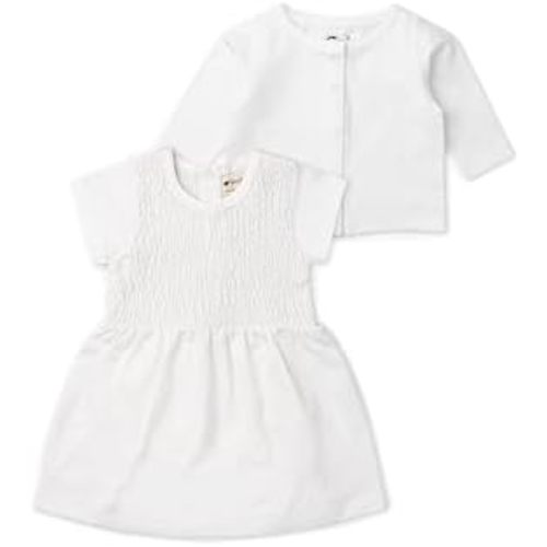 MONICA + ANDY Smocked Take Me Home Set, 100% Organic Baby Clothes for Girls, Dress & Sweater Set, Sizes for Newborn & Infant