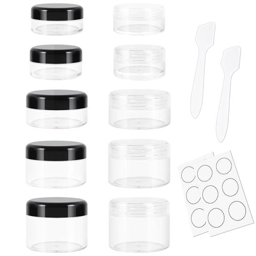 Plastic Makeup Containers - Clear & Black, 10 Travel Containers (3/5/10/15/20 Gram), Screw Lids, Includes 12 Labels & 2 Mini Spatulas