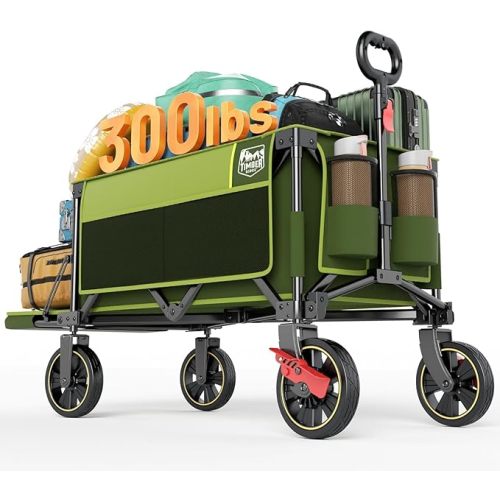 Timber Ridge 49" Extra Long Collapsible Folding Wagon with Tailgate and Brakes, 300lbs Heavy Duty Foldable Wagon with Adjustable Handle, 250L Capacity Portable Cart for Outdoor Camping Sports, Green