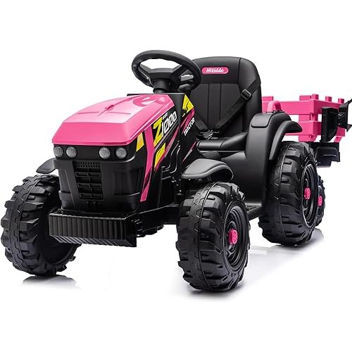 Hikiddo 24V Kids Ride on Tractor Toy, Electric Tractor for Kids 3-8 with Trailer, 2x200W Motors - Hot Pink