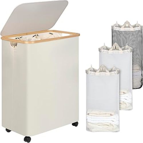 iEGrow Lagre Laundry Basket with Wheels, Laundry Hamper with Lid, 160L Clothes Hamper for Laundry with 3 Liner Bags, for Laundry Room, Bedroom, Dormitory Organization,Beige