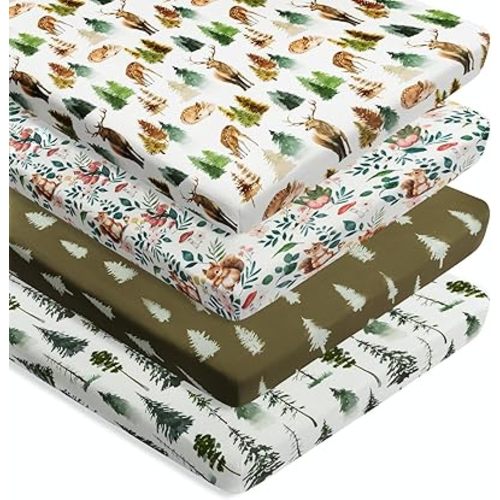 4 Pack N Play Sheets Woodland Forest Animals Wood Neutral Unisex Fitted Baby N Play Sheets Fitted for Standard Pack and Plays and Mini Cribs Set for Baby Boys or Girls (Cartoon Fox)