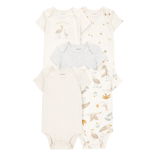 Baby 5-Pack Striped Birds Short-Sleeve Cotton Bodysuits - Ivory - 6M
