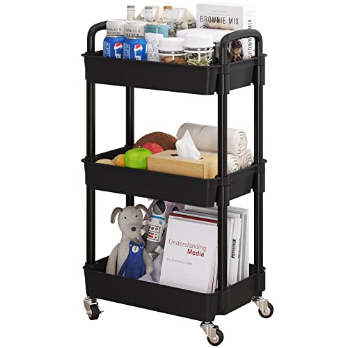 UDEAR 3-Tier Rolling Utility Cart with 12 Category Labels,Multifunctional Comagtable Rolling Shelving with Handle and Lockable Wheels for Room,Office,Kitchen,Bathroom,Black