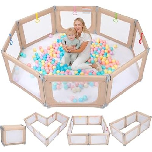 Kidirect Foldable Baby Playpen, 71"×69", Khaki