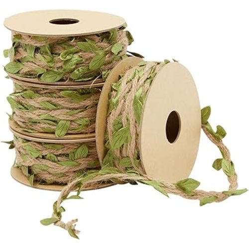 Juvale Burlap Leaf Ribbon - Jungle, Safari & Fairy Party, Enchanted Forest Decor, Vines for Crafts (4 Rolls, 65.6 Ft Total)