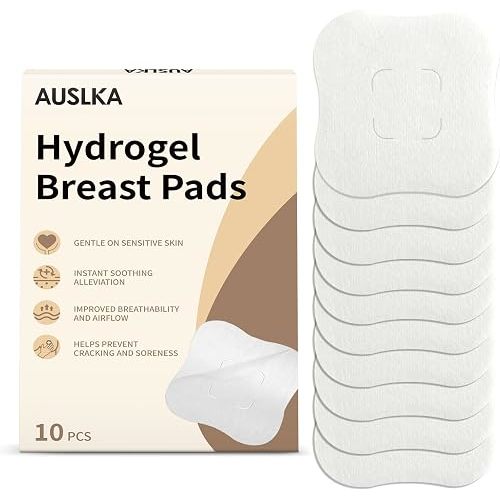 AUSLKA Hydrogel Nipple Pads Instant Cooling, Hydrogel Breast Pads with Soothing Lanolin, Soothies Gel Nursing Pads Provide Instant Cooling Relief, 10 PCS