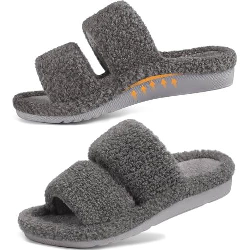 Women's Arch Support House Slippers, Fuzzy Open Toe Indoor Shoes