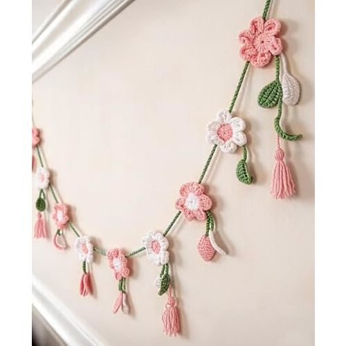 JarThenaAMCS Handmade Crochet Flower Garland Knitting Spring Floral Ornaments Pink White Green Flowers Leaves Pre-Assembled Hanging Banner for Boho Birthday Party Home Wall Bedroom Nursery Decor