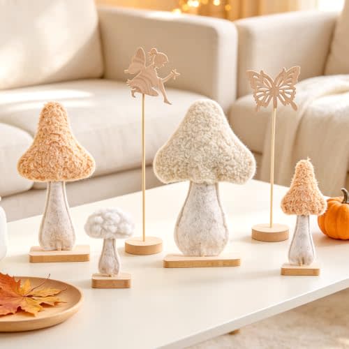 Fairy Garden Mushroom Decorations, 6Pcs Enchanted Forest Felt Wood Toppers | Sherpa felt, Cream peach palette, Enchanted forest theme, Mushroom table decor, Fairy baby shower, Whimsical party decor