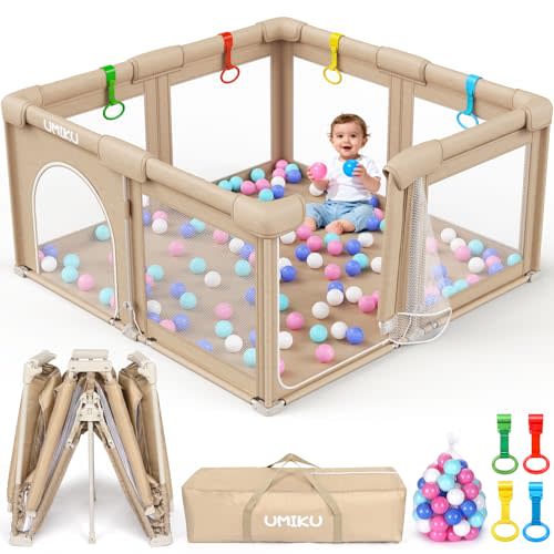 Baby Playpen Foldable Playpen for Babies and Toddlers, Large Playpens Portable Play Pen with 2 Doors Play Yard for Kid Fence Indoor Outdoor 4 Handlers 50 Balls Baby Newborn Infant Gifts 50"X50" Khaki