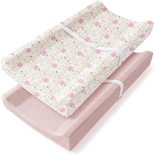 Bearmoss Changing Pad Cover, 2 Pack Muslin [100% Cotton] Diaper Changing Table Covers, 32'' x 16'' Soft Breathable Changing Pad Sheets for Unisex Baby Girls and Boys with Strap Holes (Pinkfloral)