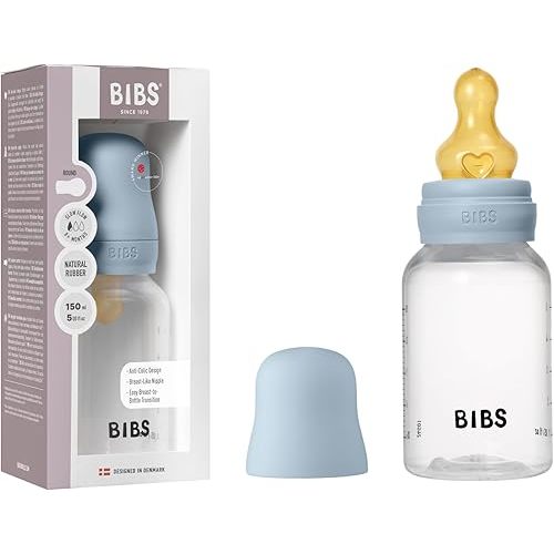 BIBS Baby Bottle 5 oz / 150 ml Natural Rubber Latex Nipple - Anti-Colic, BPA-Free, Round Nipple, Slow Flow, Lightweight & Easy to Clean, Suitable for Newborns 0+ Years - Baby Blue