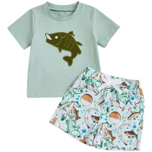 Toddler Baby Boy Summer Outfits Short Sleeve Embroidered T Shirt Tees + Striped/Plaid Shorts Infant Clothes Set