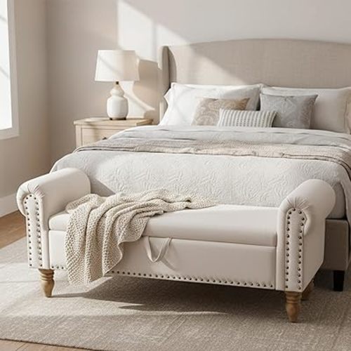 51.5" Bench for Bedroom End of Bed Storage Bench, Upholstered Linen Storage Ottoman with Rolled Arms for Bedroom, Living Room, Entryway, Beige