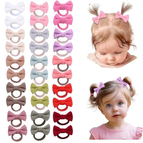 30PCS 2 Inch Baby Girls Hair Ties with Linen Bows,Soft Elastics Ponytail Holders Hair Accessories for Infants Toddlers Baby Girls (Dark color)