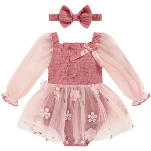 TITKKOP Mameluco de tul fruncido para bebé niña, traje de encaje con manga de burbujas con diadema
