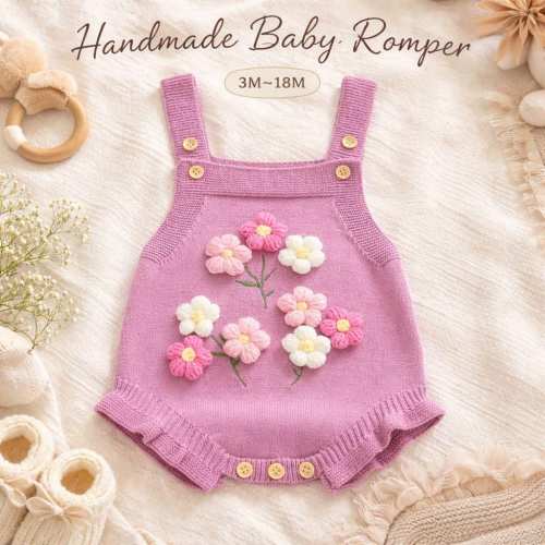 Baby Girl Romper Floral, Crochet Baby Outfit 3M-18M, Newborn Baby Gift, Baby Shower Gift, Mother’s Day Gift for New Mom, Cute Baby Clothes