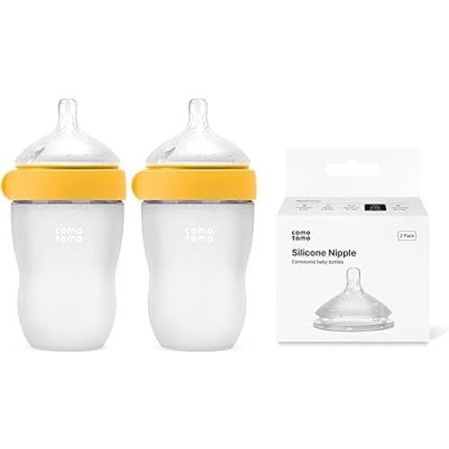 Silicone Baby Bottles Anti Colic Feeding Bundle – Comotomo Gen 2 8oz Baby Bottle Set (2 Pack Yellow) + Fast Flow Replacement Nipples – Breast Like Silicone Bottle for Bottle Feeding Babies