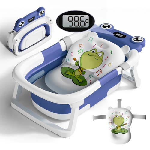 COOSEYA Collapsible Baby Bathtub with Cushion & Thermometer, Portable Bathing Tub for Newborn to Toddler (Frog/Navy Blue)