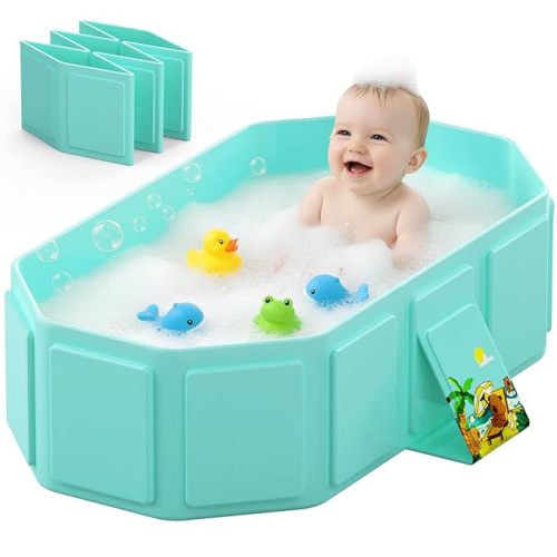 Collapsible Baby Bathtub, Toddler Bathtub with a Drain Plug, Folded for Storage Without Assembly, Suitable for Newborns to Toddlers, Portable Bathtub for Outdoor Travel, Green
