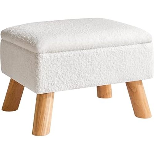 YMYNY Storage Ottoman, Small Foot Stool Ottoman with Storage, Foot Rest with Padded Seat, Teddy Velvet, Sturdy Wood Legs Stool for Living Room Bedroom Couch Enterway, White UHBD042W