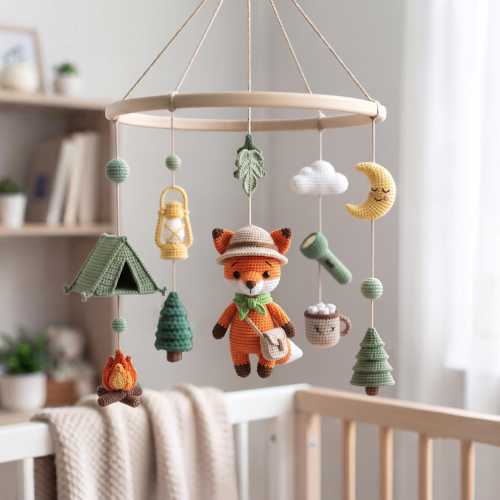 Crochet Camping Fox Baby Mobile, Woodland Adventure Crib Mobile with Tent Campfire Moon, Forest Nursery Decor, Baby Shower Gift