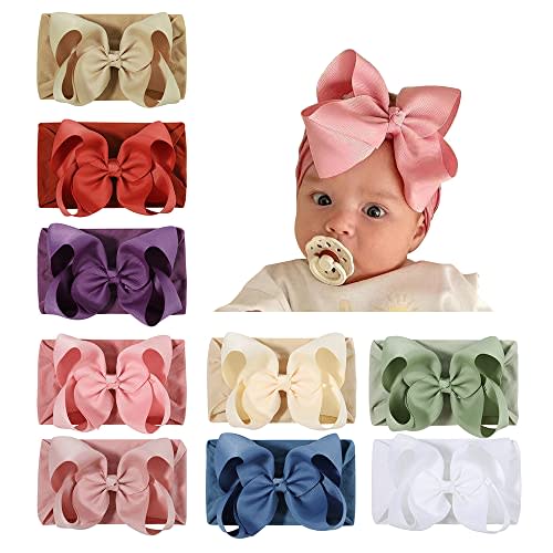 JIAHANG Grosgrain Ribbon Bow Nylon Headbands, 5.3 Inches Hair Bow Soft Turban Headwrap 9Pcs for Baby Girls Newborns Infants Toddlers (40KF-ribbon flower)