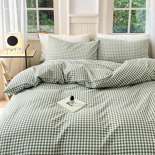 LifeTB Green Grid Gingham Duvet Cover Queen 3 Pieces Green Plaid Duvet Cover with 2 Pillowcases 100% Washed Cotton Grid Checkered Comforter Cover Breathable Green Plaid Bedding Set Queen