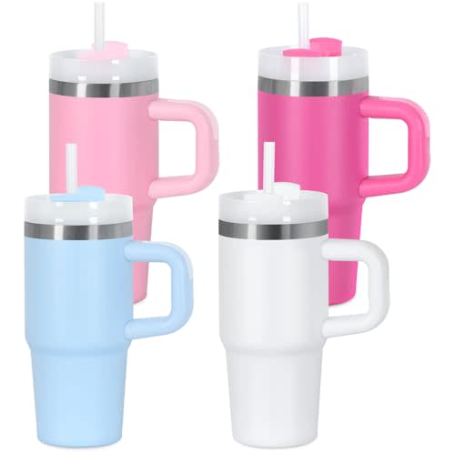 Muwnrol 4 Pack 14 Oz Tumbler with Handle and Straw for Kids, Stainless Steel Vacuum Insulated Tumbler Keep Cold Heat and Ice, Gifts for Children Cups (Hot Pink, Sky Blue, Pink, White)