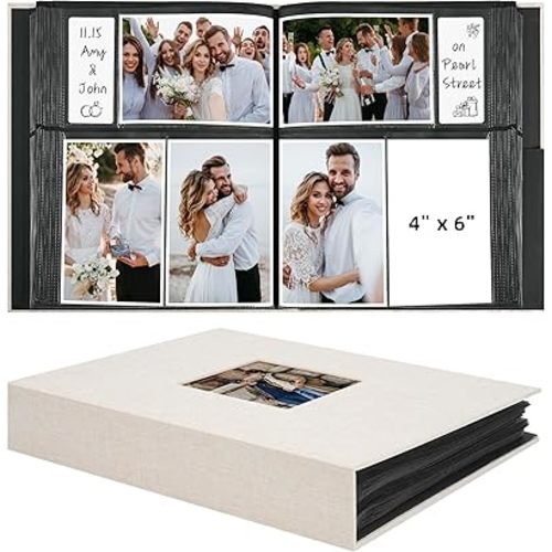 Vienrose Fabric Cover Photo Album 4x6 with Front Window, 300 Picture Pockets and 100 Message Card Slots for Wedding Baby Family, Beige