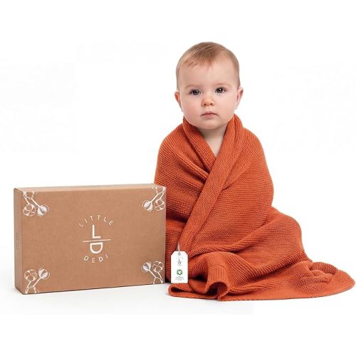 100% Organic Cotton Baby Knitted Blanket with Gift Box - Soft Toddler, Crib, Stroller Blanket - Neutral Swaddle and Receiving Blanket for Newborns, 30"x40", Harvest Pumpkin