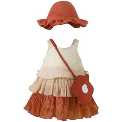 Renotemy Infant Baby Girl Summer Dress Chiffon Ruffle Layered Sling Sundress Party Outfits with Hat and Bag for Toddler Girls