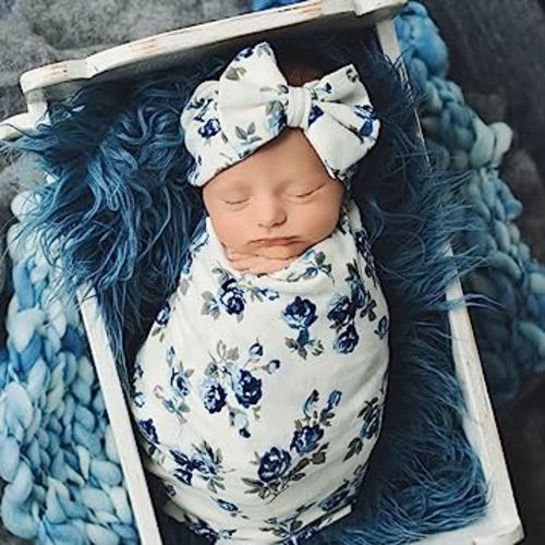 Newborn Swaddle Blanket, Baby Receiving Blanket Wrap with Headband for 0-3 Month Baby Girl and Boy(Blue), One size