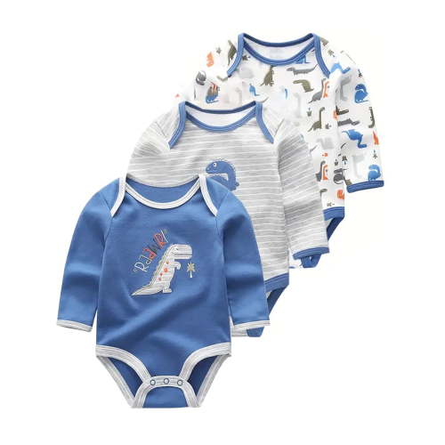WIBACKER 0-12M 100% Cotton Baby Boys 3-pack Dinosaur Long Sleeve Variety Onesies Snap Bodysuits