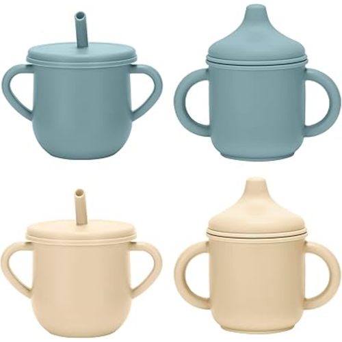 Silicone Toddler Cups Set, 2 Straw Cups and 2 Sippy Cups for 6+ Months Baby, Leakproof Spillproof Training Cups with Handles, Easy Clean (Blue+Beige)